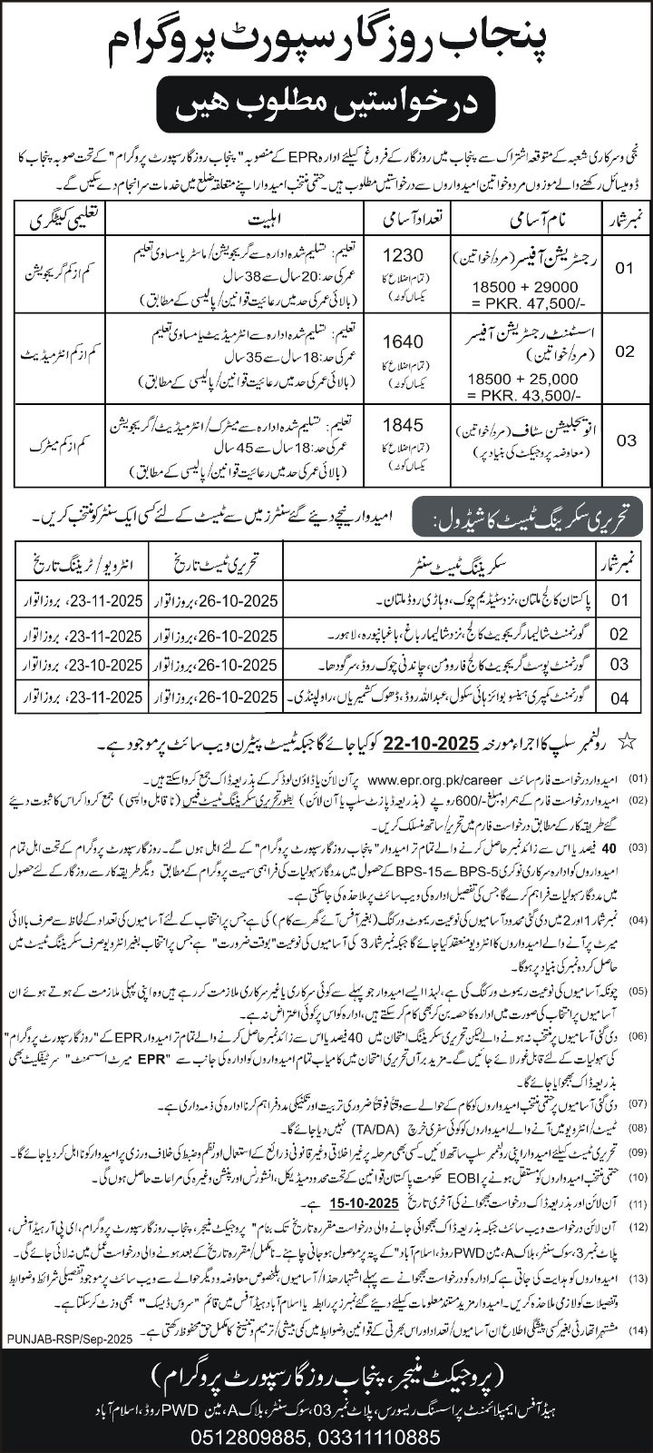 Punjab Rozgar Support Program Jobs Advertisement