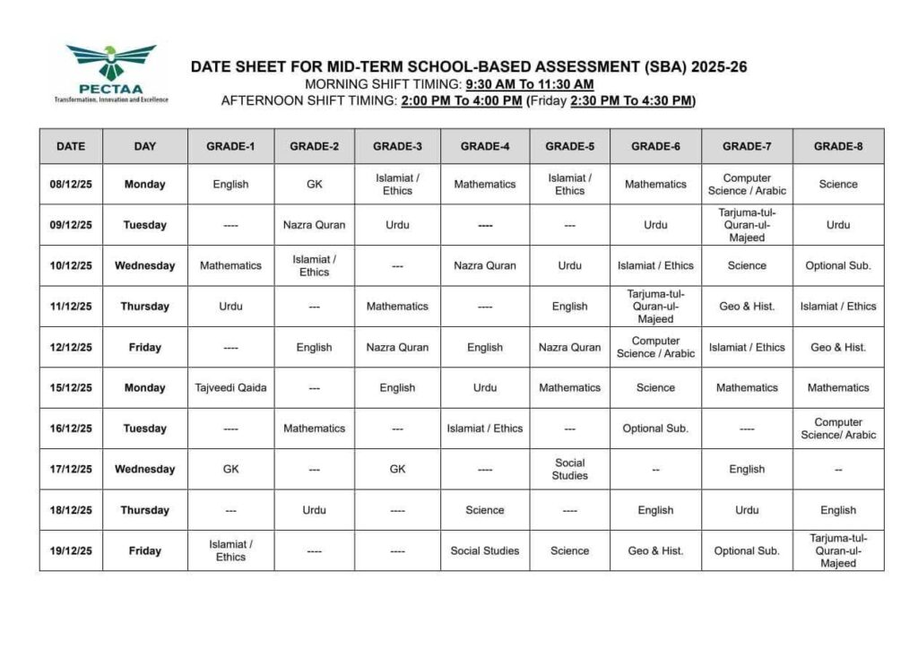 PECTAA Mid-Term Date Sheet 2025 2026 
